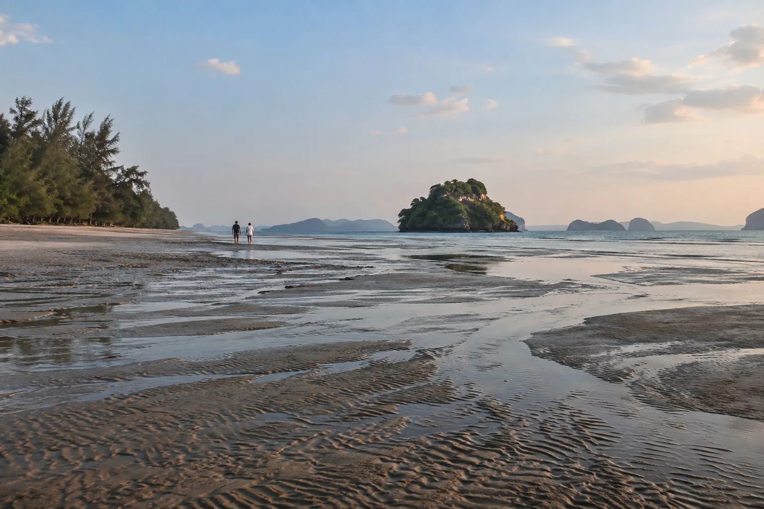 Exposed wet sand and shallow tidal channels leading toward a small island at Noppharat Thara Beach