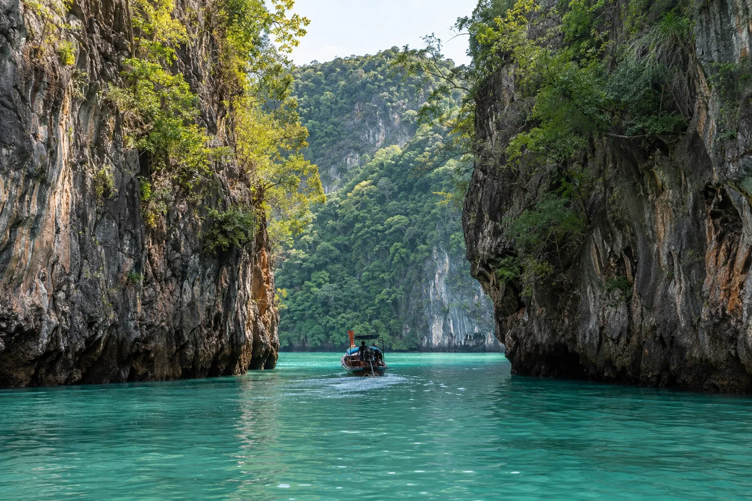 A long-tail boat approaches the narrow passage into Hong Lagoon between limestone cliffs